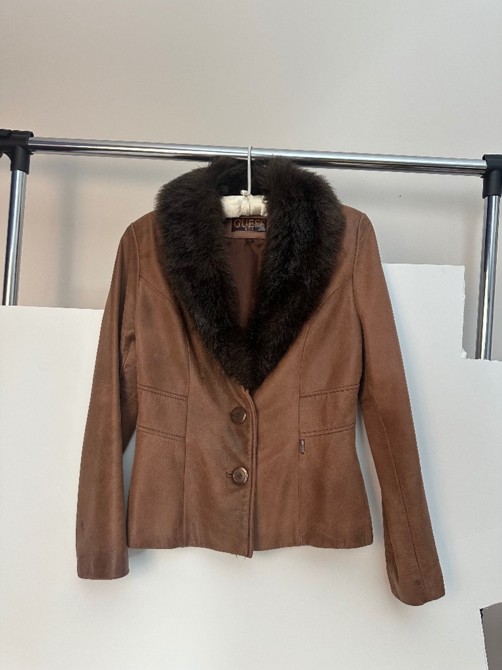 Guess brown leather jacket with faux fur collar size S